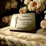 Tabuľka na hrob ruža na kríži — plastová náhrobná tabuľka 20×15 cm, laserové gravírovanie