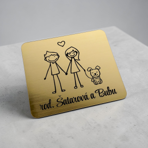 Menovka na dvere pár so psíkom — samolepiaca akrylátová menovka 10×8,8 cm